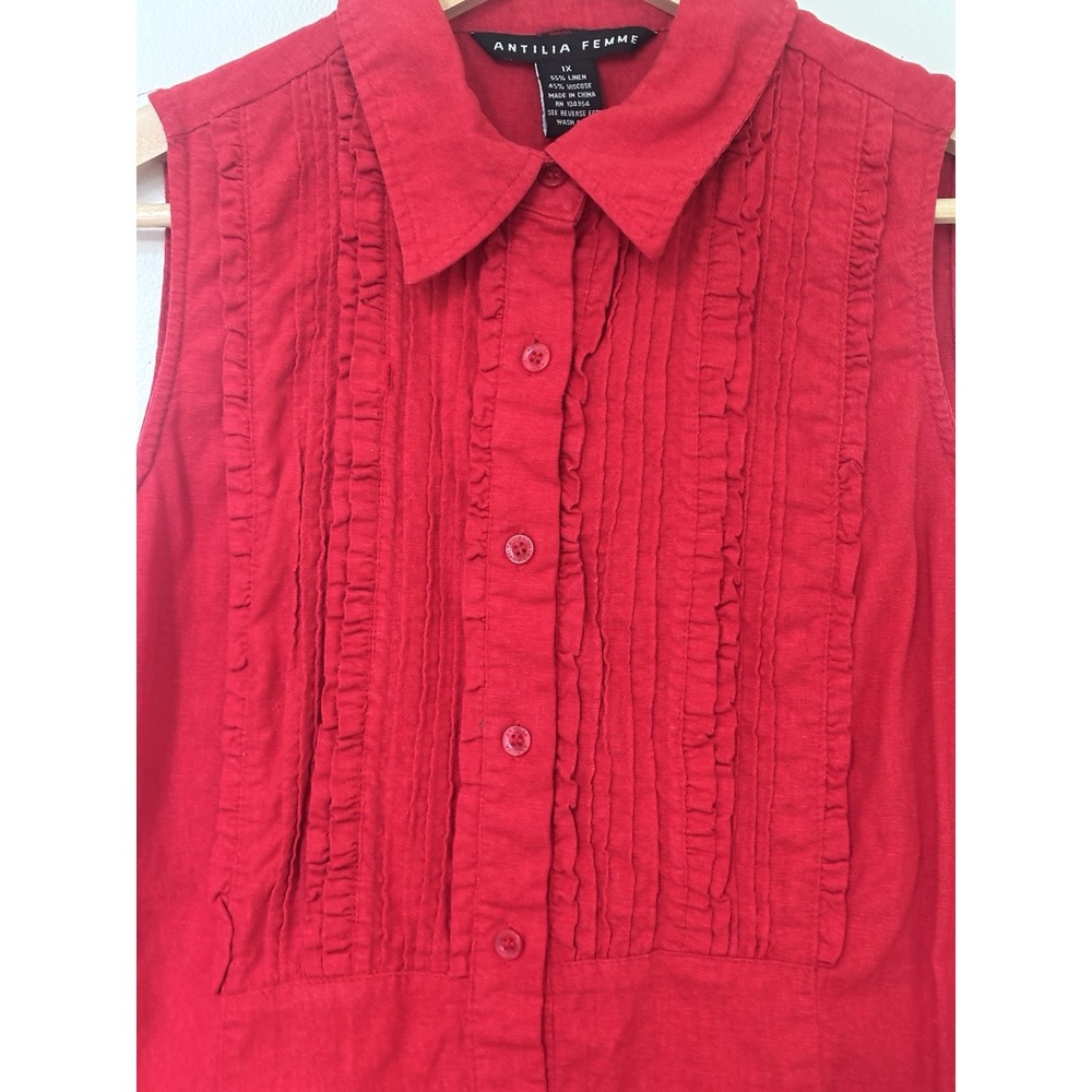 Antilia Femme Red Linen Sleeveless Blouse Ruffle Bib Women's 1X